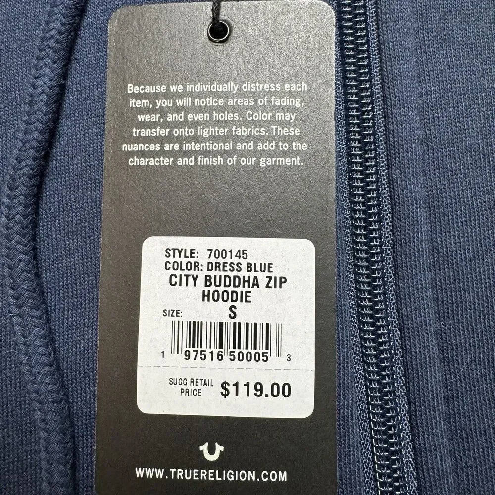 True Religion Full‎ Zip Hoodie Men's Small Dress Blue City Budda Streetwear